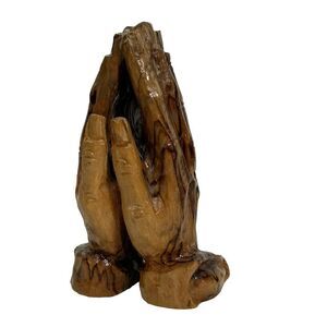 Olive Wood Hand Carved Praying Hands Vintage Figurine Statue Religious Decor